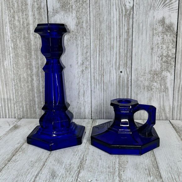 Vintage Cobalt Blue Glass Candle Holders Set of Two - Picture 1 of 6